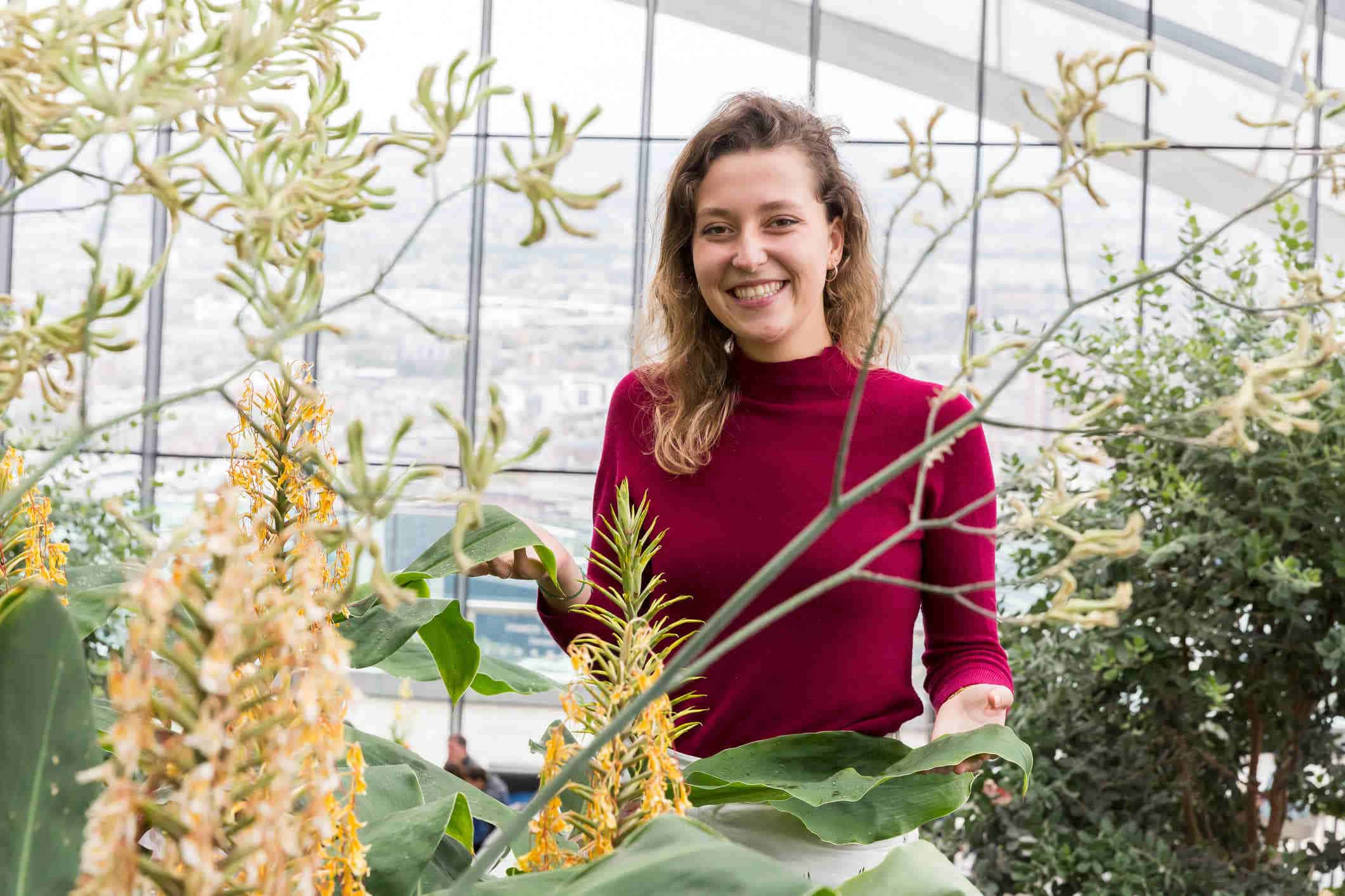 A white woman with medium length brown hair is standing behind some plants. She wears a red turtle neck jumper and behind her is a giant glass window.
