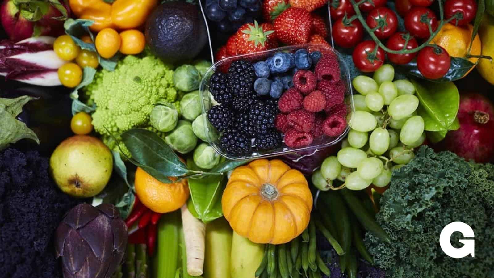 Close up photo of a mixture of fruit and vegetables.