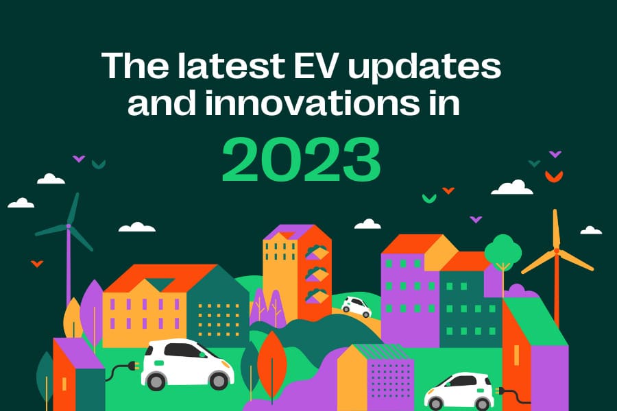 the latest ev updates and innovations in 2023 with illustrated graphics of a. buildings and electric vehicles plugged in